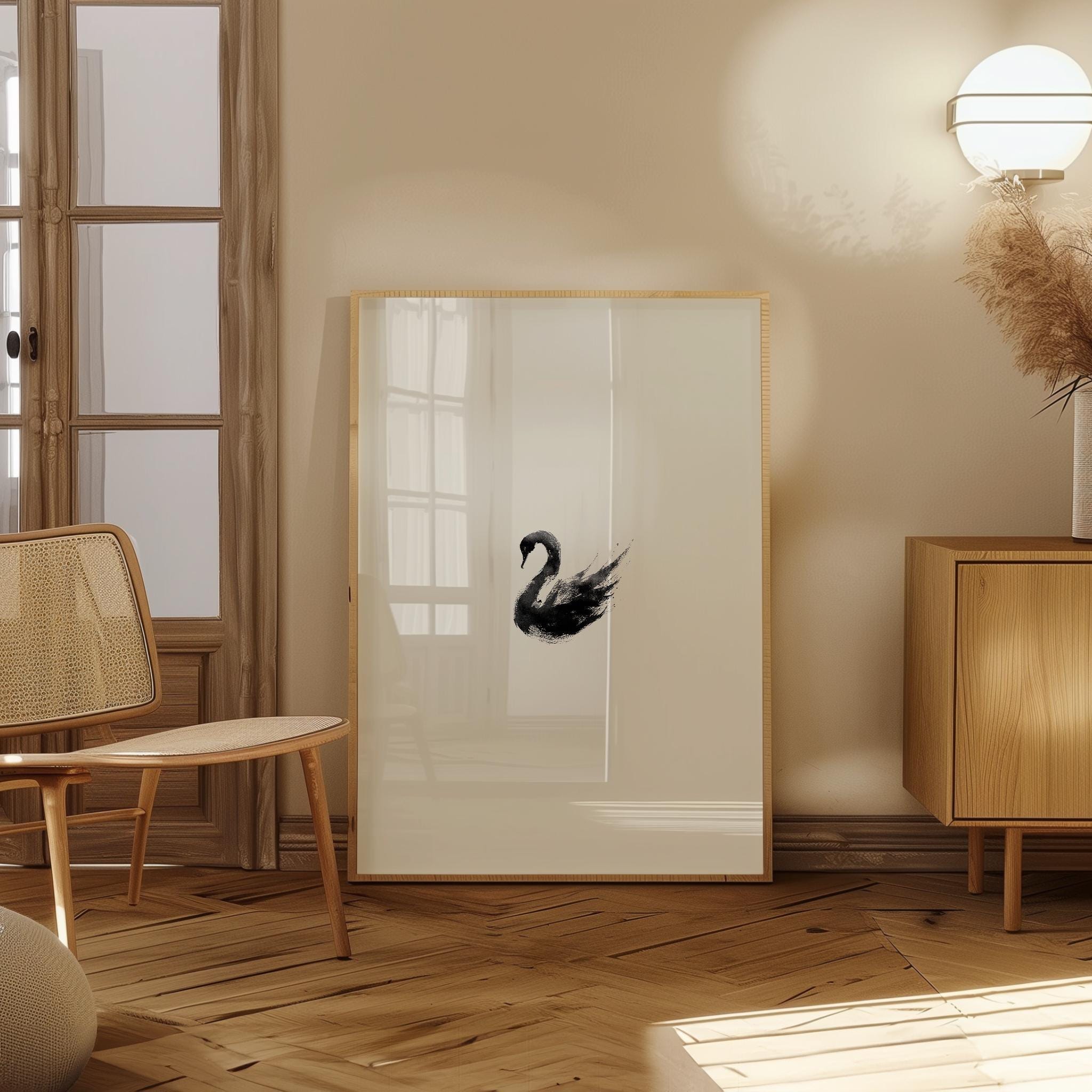 Minimalist Swan Print, Ink Wall Art, Black Swan Painting