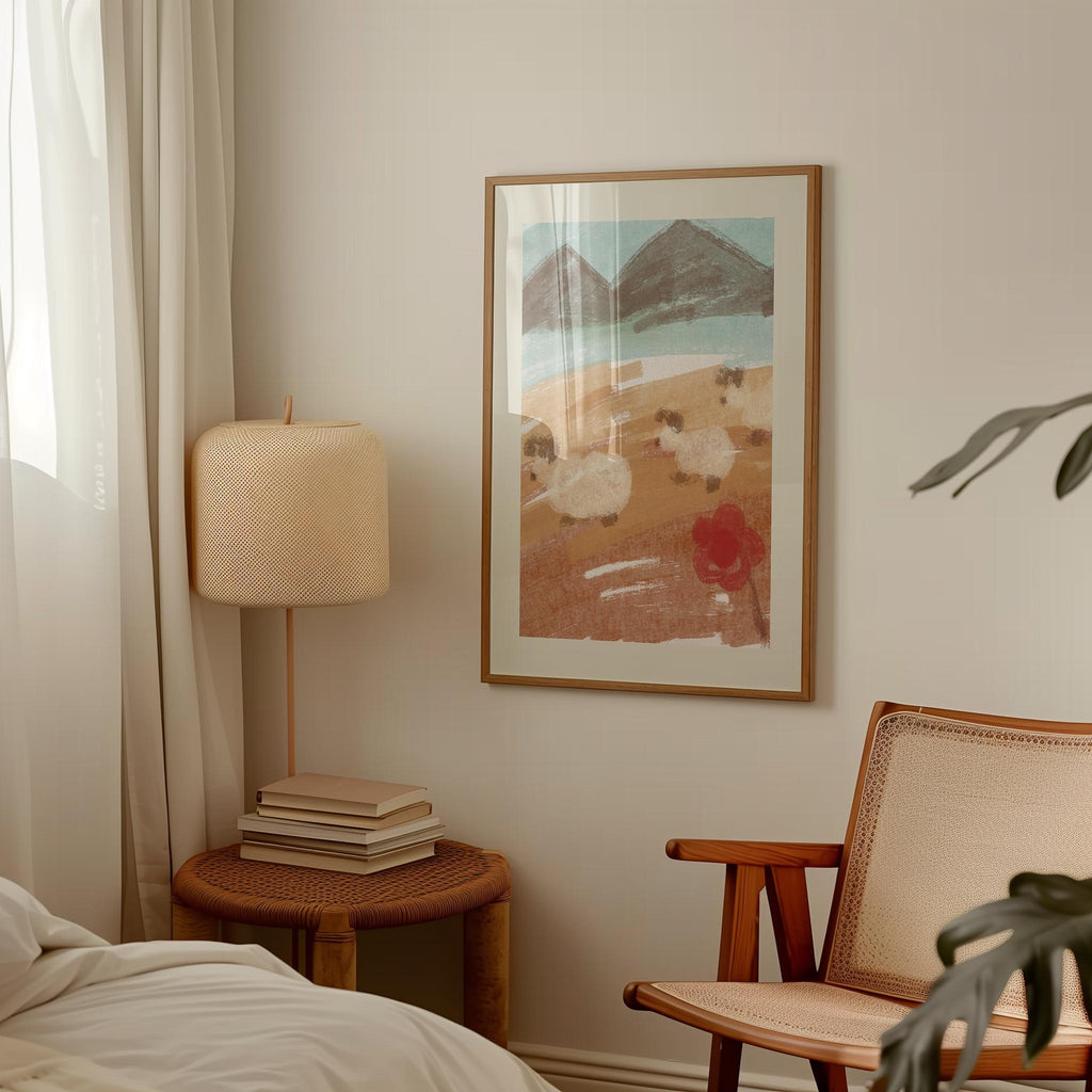 Mountain Meadows Nursery Room Print | Farm Goats Abstract Art | Countryside Painting