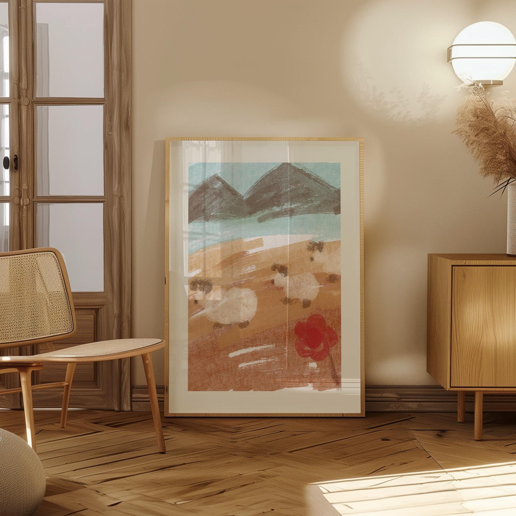 Mountain Meadows Nursery Room Print | Farm Goats Abstract Art | Countryside Painting