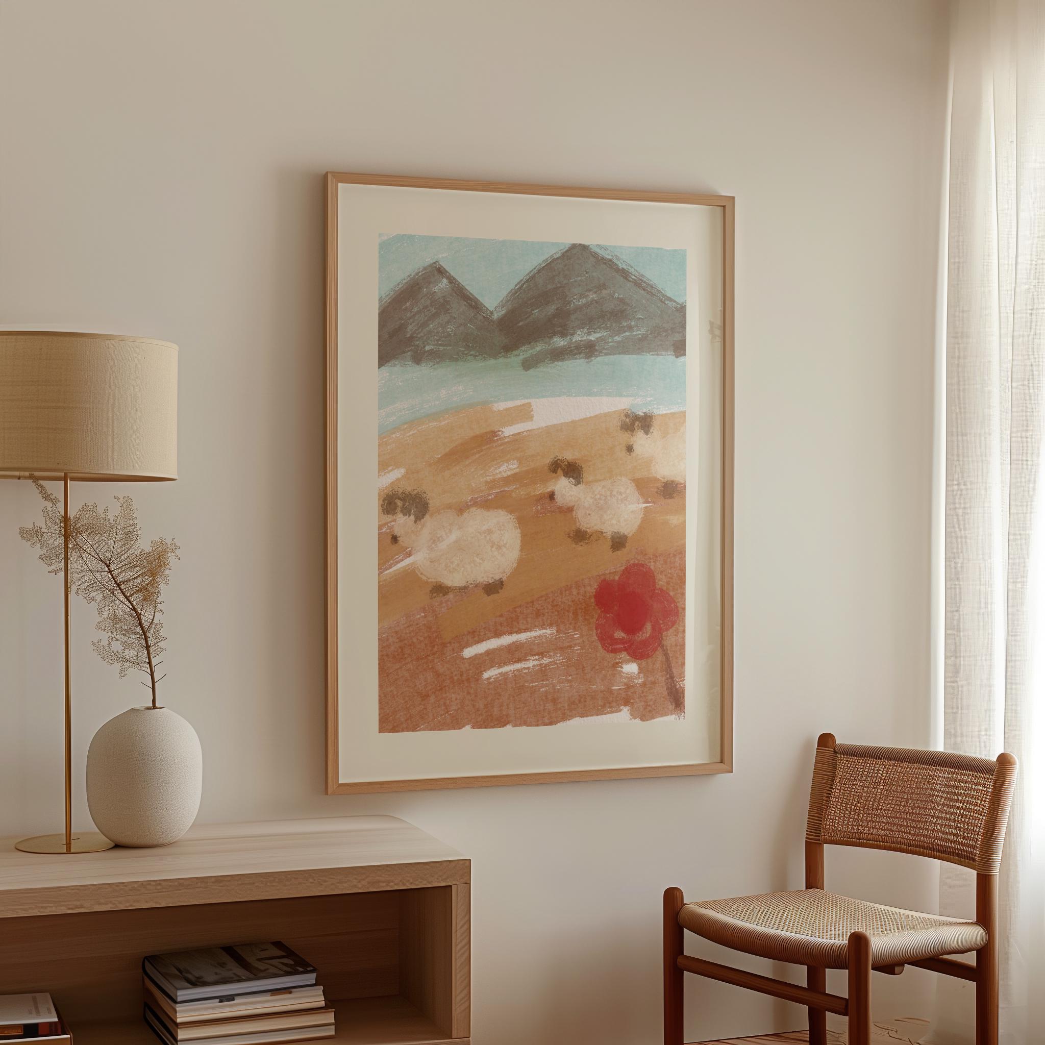 Mountain Meadows Nursery Room Print | Farm Goats Abstract Art | Countryside Painting